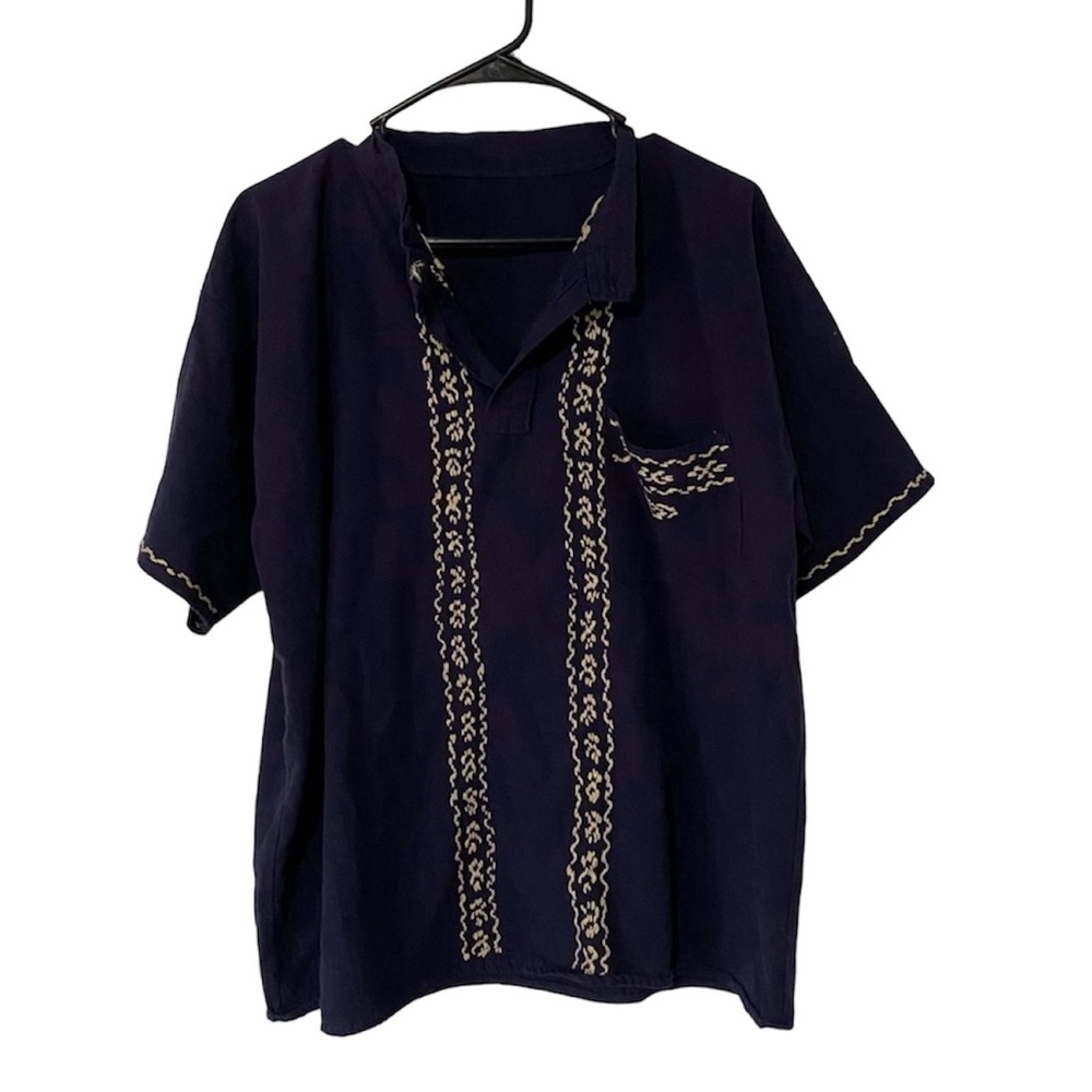 Men’s Hand Stitched Embroidered Navy Blue Vacation Cabana Top